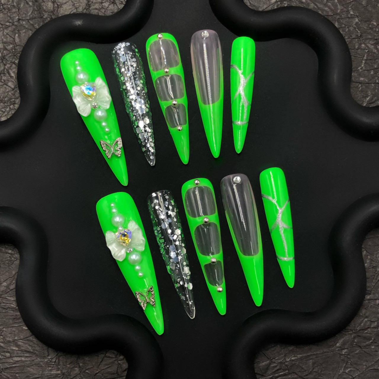 Neon Green Crystal Accent Nail Set CR18