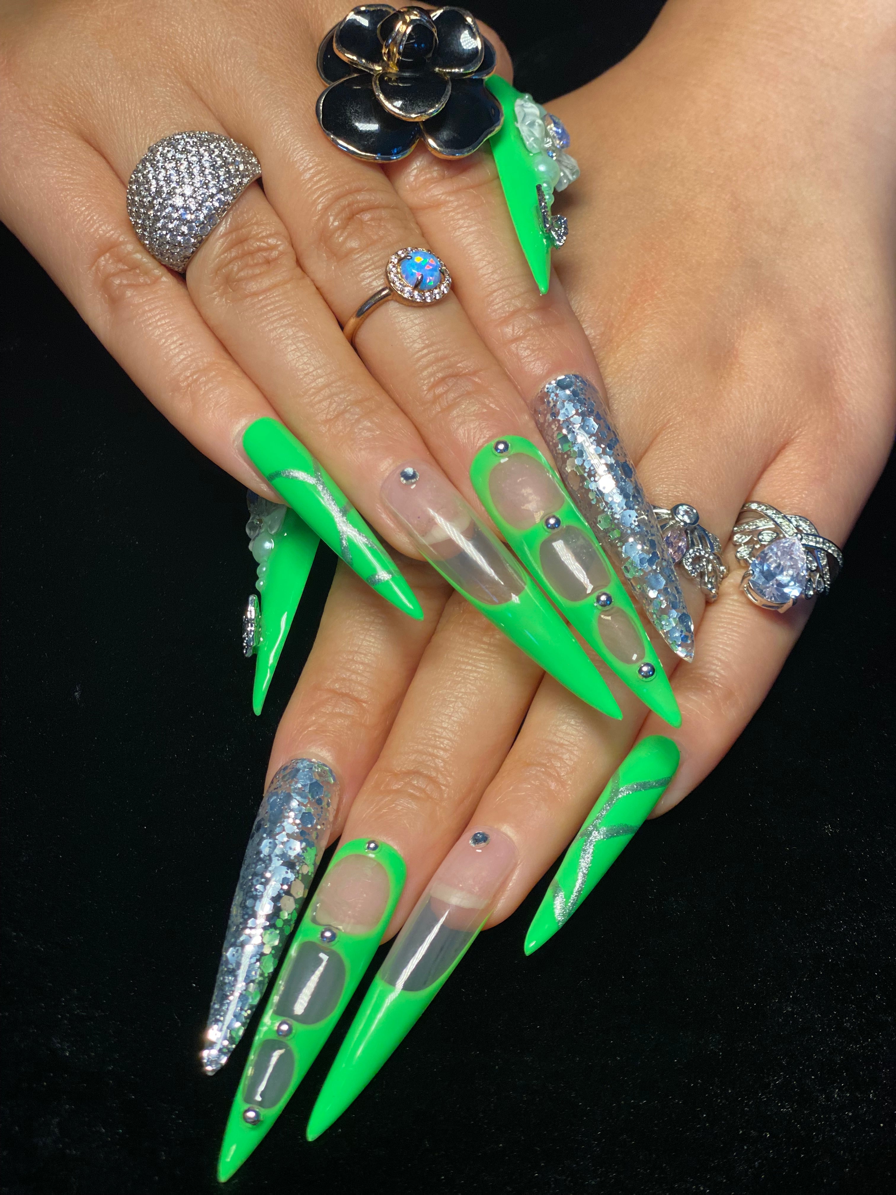 Neon Green Crystal Accent Nail Set CR18